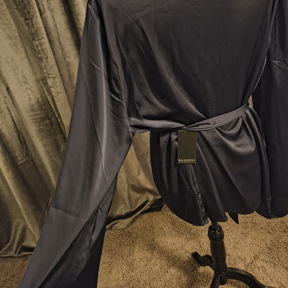 NEW: Eloquii Charcoal Satin Top with Tie - Picture 3 of 6